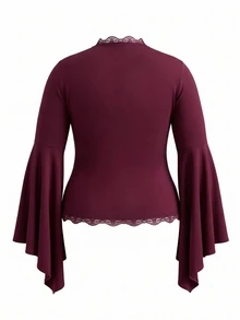 Sweetra CURVE Plus Size Burgundy Asymmetrical Long Sleeve Wrap Lace Trim Sexy T-Shirt, Autumn/Winter - Burgundy - View 2