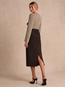 Enchnt Premium Winter Romantic Women's Elegant Brown Color-Blocked Suit Jacket And Skirt Set,Work Outfits,Going Outfits,Formal Outfits,Office Outfit - Brown - View 7