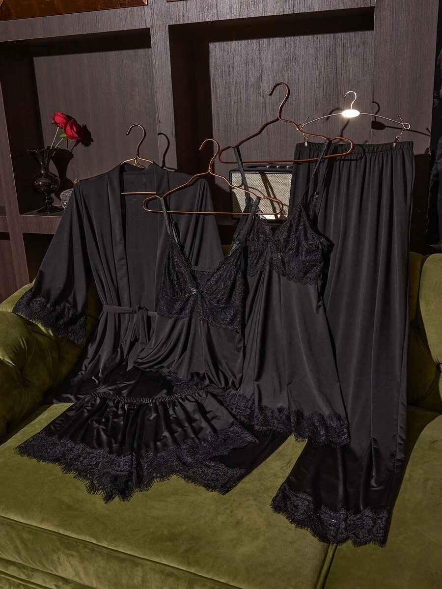 SilkySpell 5-Piece Lace Sexy Lingerie Set, Nightgown, Camisole, Shorts, Pants, Loungewear Set - Black - View 1