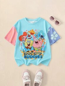 SpongeBob SquarePants | SHEIN Tween Girl Round Neck Short Sleeve Cartoon Graphic T-Shirt - Blue - View 1