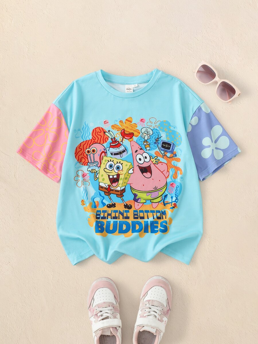 SpongeBob SquarePants | SHEIN Tween Girl Round Neck Short Sleeve Cartoon Graphic T-Shirt - Blue - View 1