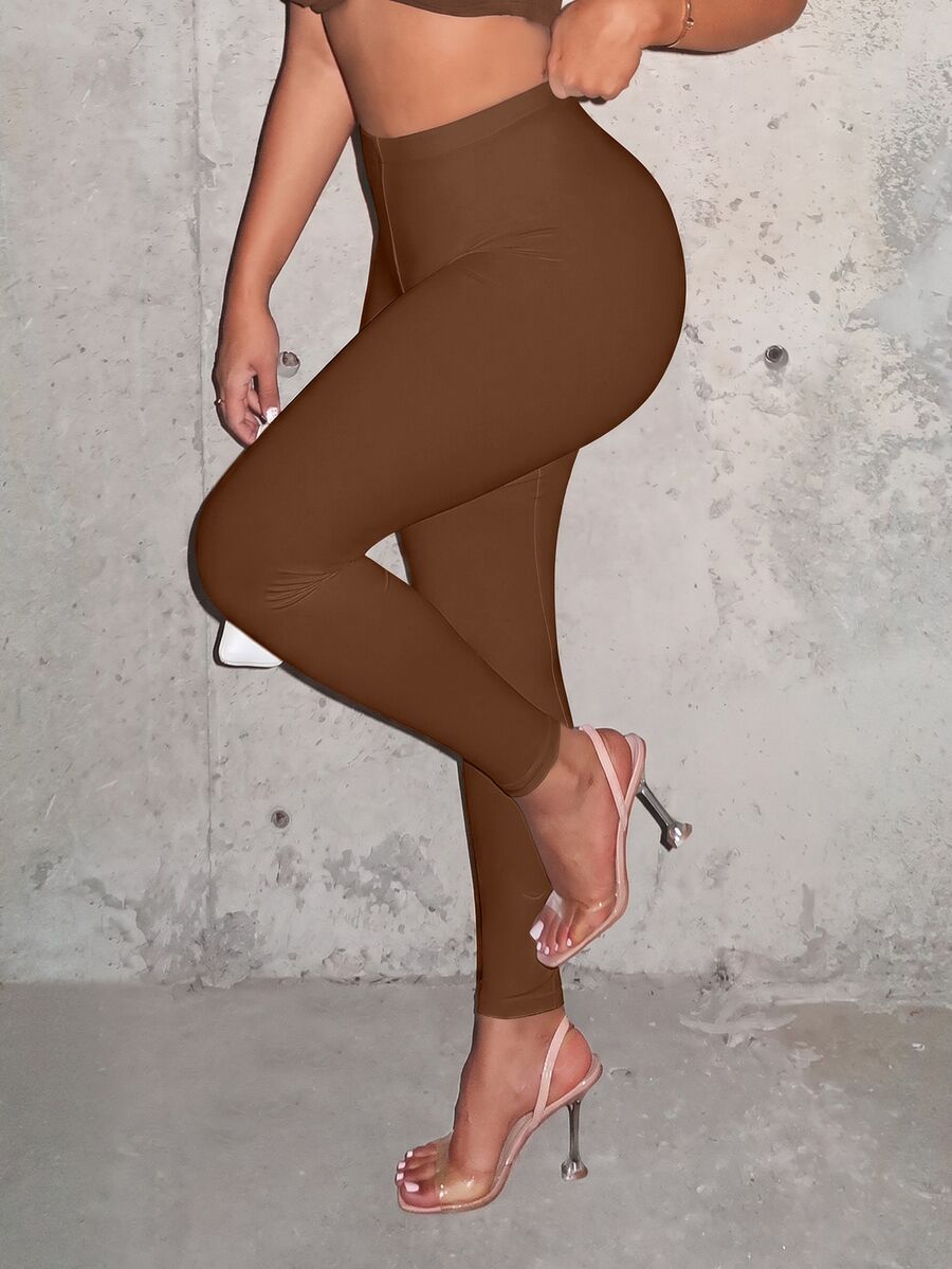 SHEIN SXY Women's Solid Color Casual Versatile Daily Wear Tight Leggings - Brown - View 1