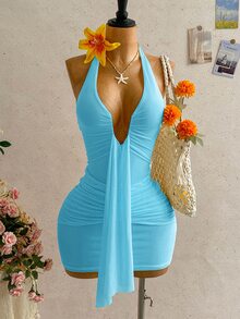 Soleia 女款淡黃色掛脖迷你洋裝，深V領抓皺蝴蝶結夏季休閒熱帶性感陽光裙，適合度假、假期、海灘、派對 - 薄荷藍 - 查看 1