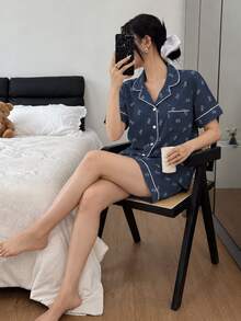 Napfluff 100%純棉女款睡衣套裝，短袖短褲，雙層克雷普布料，寬鬆居家服2件套 - 藏蓝色 - 查看 8