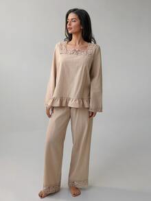 Livesso Women's Solid Color Square Neck Lace Patchwork Fashion Minimalist Pajama Set - Khaki - View 8