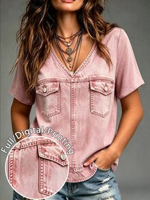 Linhara CURVE Plus Size Women V‑Neck Short-Sleeved Shirt Cozy Relaxed Casual Daily Top Stylish Design Suitable For Regular Daily Wear - Black - View 4
