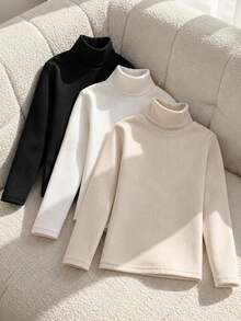 SHEIN Tween Girls Fall Tops Autumn/Winter Thick Warm Casual All-Match Versatile Daily Wear Layering High Neck Ribbed Fleece Fabric Solid C... - Apricot - View 6