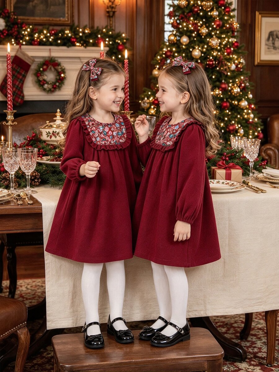 Infant & Baby GirlFloral Patchwork Frill Trim Corduroy Long Sleeve Dress, Burgundy A-Line Princess Dress - Burgundy - View 1