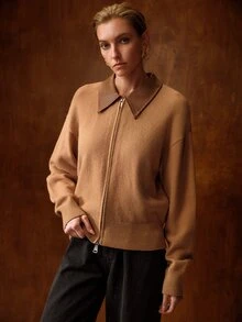 MOTF PREMIUM Áo cardigan len dệt kim tay dài kéo khóa phong cách streetwear nữ - Màu Khaki - Xem 4