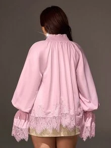 Viva Relle Plus Size Women's Lace Patchwork Petal Sleeve Frill Trim Sweet Pure Style Blouse - Pink - View 6