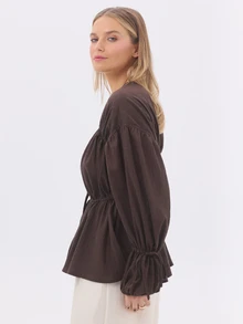 KÆRIA Hus Drawstring Waist Blouse - Fluid Textured Lyocell - Chocolate - Transeasonal, Tie-Neck, Full Sleeves - Brown - View 3