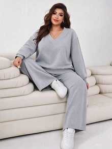Solflare 大尺碼休閒灰色花卉衛衣與運動褲兩件套，女款居家服套裝，適合秋冬，舒適百搭 - 淺灰色 - 查看 5