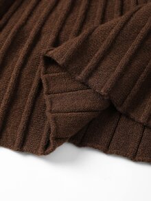 Nubod Plus Size High Neck Lantern Sleeve Ribbed Long Sleeve Sweater & Vertical Stripe Skirt 2 Pieces Set, Autumn/Winter - Brown - View 14