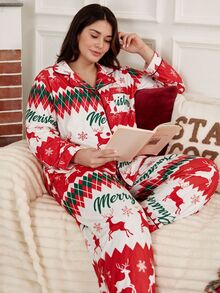 Doze Lane Christmas Red & White Reindeer Print Plus Size Women Long Sleeve Long Pants Ruffle Collar Casual Pajama Set - Red and White - View 3