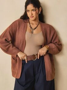 Nubod Plus Size Brown Pocket Design Long Sleeve Cardigan Sweater Vintage Comfortable Casual - Brown - View 2