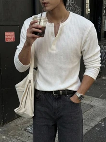 DAZY Spring/Autumn White Crew Neck Half-Button Men's T-Shirt - White - View 4