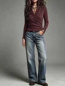 LUMIGAL Women's Brown Ribbed Knitted Cross Waist Versatile Knit Top Casual Fall/Winter - Brown - View 6