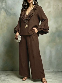 Linhara CURVE Plus Size Women's Autumn Casual Burgundy V-Neck Long Sleeve Ruffle Collar & Cuffs Loose Slimming Top & Wide Leg Pants 2 Pieces Set For Outings Fall - Coffee Brown - View 6