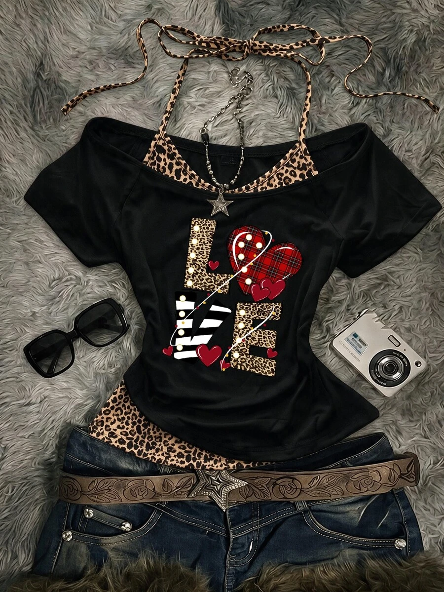 Attitoon Women's Leopard Print Spaghetti Strap Strap With Round Neck Letter Cartoon Graphic Print Asymmetrical Hem 2 In 1 Short Sleeve T-Shirt - Multicolor - View 1