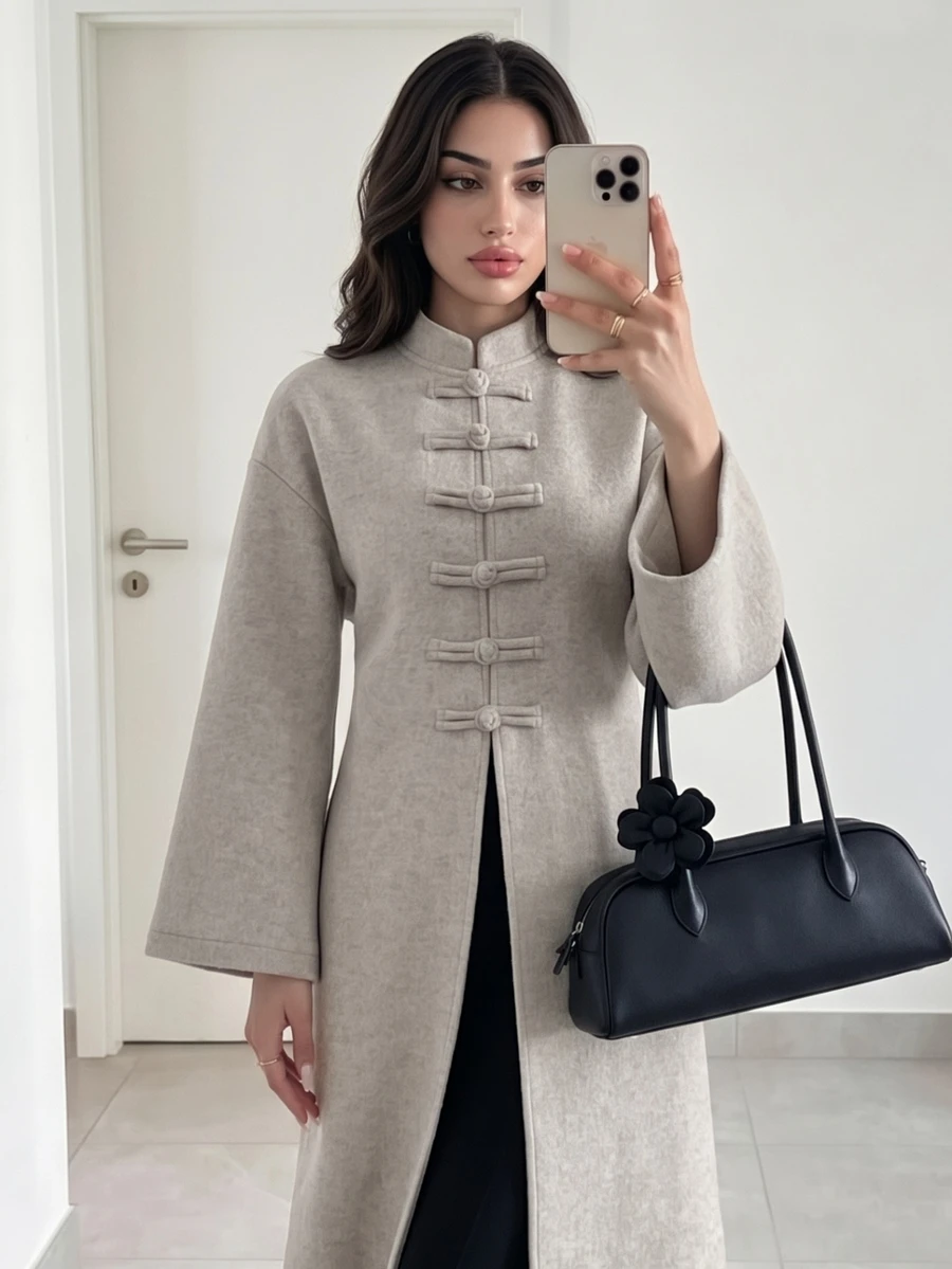 Celisse Women's Long Sleeve Stand Collar Frog Button Straight Cut Jacket, Casual Versatile For Autumn/Winter - Apricot - View 1
