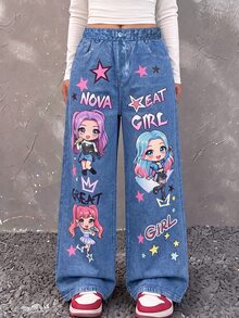 SHEIN 青少年女孩秋季高腰寬腿長褲，印花布料，街頭 Y2K 街頭風復古紋理，偶像女孩校園藍 - 彩色 - 查看 5