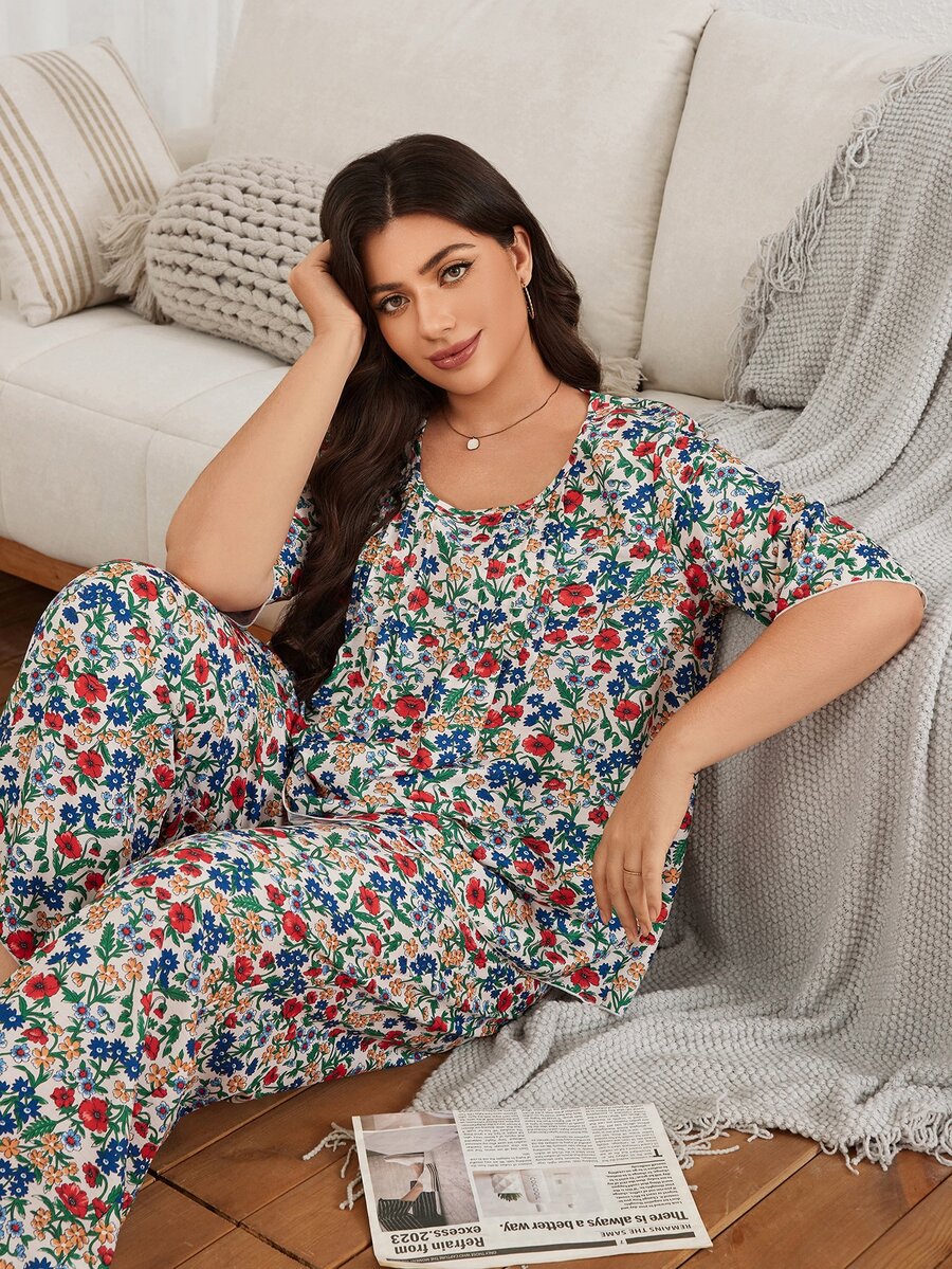 Serenescape Plus Size Women's Floral Print Short Sleeve & Long Pants Pajama Set, Half Sleeve Design, Folded Collar, All Season Wear - Multicolor - View 1
