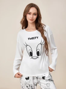 LOONEY TUNES X SHEIN Looney Tunes TWEETY Black & White Line Cartoon Character Print Long Sleeve & Long Pants Pajama Set - White - View 5