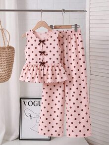 SHEIN Tween Girls 2pcs/Set Bow Button Polka Dot Print Tank Top & Long Pants S Set, Summer, Cute, Casual, Outfit, Holiday Outfits - Pink - View 3
