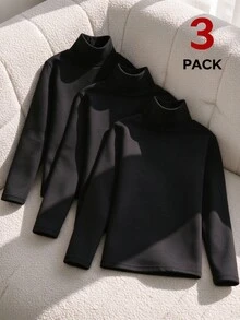 SHEIN 青少年女孩秋季上衣 秋冬加厚保暖休閒百搭日常穿搭層次感高領羅紋抓絨布料純色... - 黑色 - 查看 1