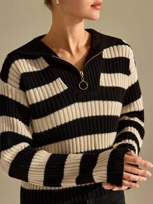 CLARA VERO كنزة صوفية محبوكة بأضلاع مخططة مع سحاب أمامي، أسلوب خريفي أو حضري، ياقة عريضة، قصيرة، نصف سحاب - متعدد الألوان - مشاهدة 5