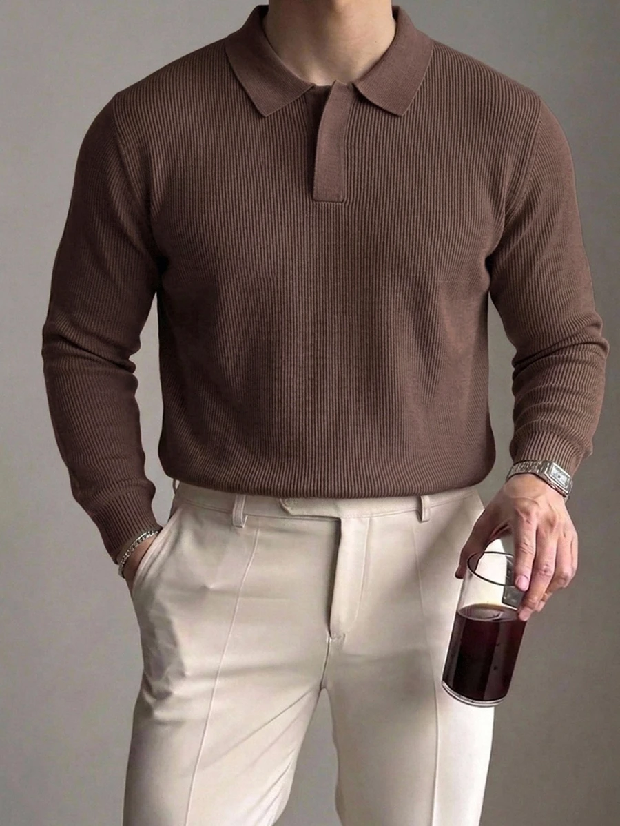 DAZY Spring/Autumn Long Sleeve Olive Green Polo Collar Men's Knit Top - Brown - View 1