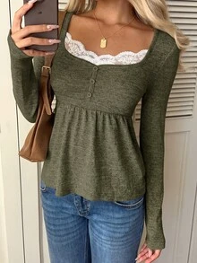 CovetEZ 女款對比蕾絲心形領長袖休閒浪漫蕾絲襯衫，適合早午餐約會，白色秋季款 - 軍綠色 - 查看 10