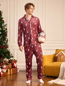 Notgurli Men's Flannel Christmas Penguin All-Over Print Pajama Set, Burgundy Lapel Cardigan Long Sleeve Top And Pants, 2 Pieces Autumn/Winter Loungewear - Burgundy - View 5