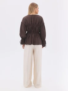KÆRIA Hus Drawstring Waist Blouse - Fluid Textured Lyocell - Chocolate - Transeasonal, Tie-Neck, Full Sleeves - Brown - View 2