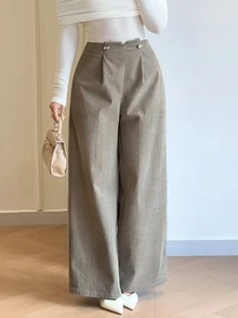 Modelyn Plus Size Elegant Pleated Loose Pants For Office And Business - Khaki - View 4