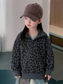 Dazy Kids 少女休閒寬鬆豹紋印花運動衫 - 深灰色 - 查看 4