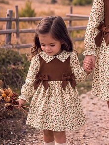 SHEIN Baby Girl Floral Bow Long Sleeve Colorblock Collar Dress - Brown - View 9
