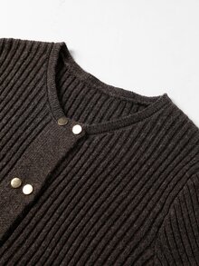GlowEve CURVE Plus Size Women's Double-Breasted Round Neck Long Sleeve Grey Versatile Autumn/Winter Cardigan Office Casual Elegant - Coffee Brown - View 6