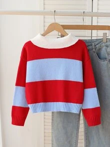 SHEIN 1件女童毛衣，復古白色 Polo 領配黑色鈕扣設計半開襟，經典對比色條紋拼接落肩長袖套頭衫 - 彩色 - 查看 2