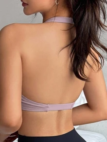 DAZY 1pc Solid Color Halter Twist Front Gather Yoga Sports Bra For Women Lingerie For Women - Mauve Purple - View 8