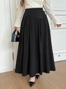 Solavon Plus Size Women's Solid Color Casual Versatile Daily Wear Skirt - Black - View 5