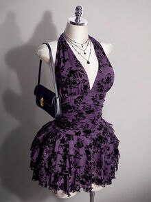 SHEIN ICON 女款大尺碼復古性感休閒千禧風Y2K優雅哥德約會深V領掛脖黑色網紗植絨蛋糕裙冬季 - 紫色 - 查看 4