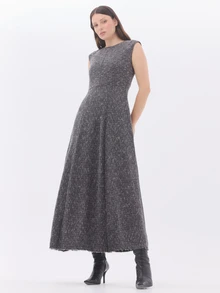 KÆRIA Hus Raw-Edge Flared Dress - Nep Knit - Charcoal Marle - Winter Layering, Comfort Stretch, Workwear - Black - View 1