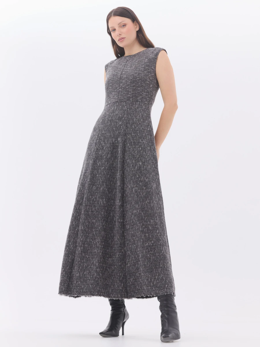 KÆRIA Hus Raw-Edge Flared Dress - Nep Knit - Charcoal Marle - Winter Layering, Comfort Stretch, Workwear - Black - View 1