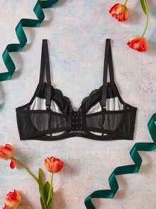 Elorette Plus Size Women's Wireless Bra With Printed Pattern And Lace Trim - Black - View 5