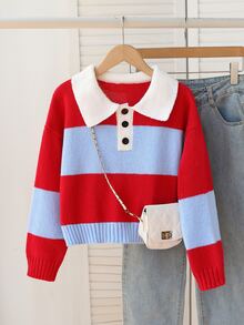 SHEIN 1件女童毛衣，復古白色 Polo 領配黑色鈕扣設計半開襟，經典對比色條紋拼接落肩長袖套頭衫 - 彩色 - 查看 1