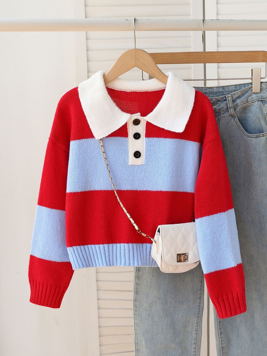 SHEIN 1件女童毛衣,復古白色 Polo 領配黑色鈕扣設計半開襟,經典對比色條紋拼接落肩長袖套頭衫 - 彩色 - 查看 1