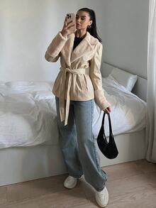 SHEIN EZwear Solid Color Long Sleeve Casual PU Patchwork Waisted Jacket With Drawstring In Fall/Winter - Apricot - View 3