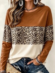 SHEIN LUNE Patchwork Design Leopard Print Fashion Casual Plus Size T-Shirt - Multicolor - View 1