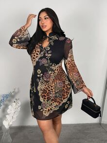 Firerie Plus Size Women Elegant New Chinese Style Stand Collar Flare Sleeve Printed Mini Dress - Multicolor - View 3